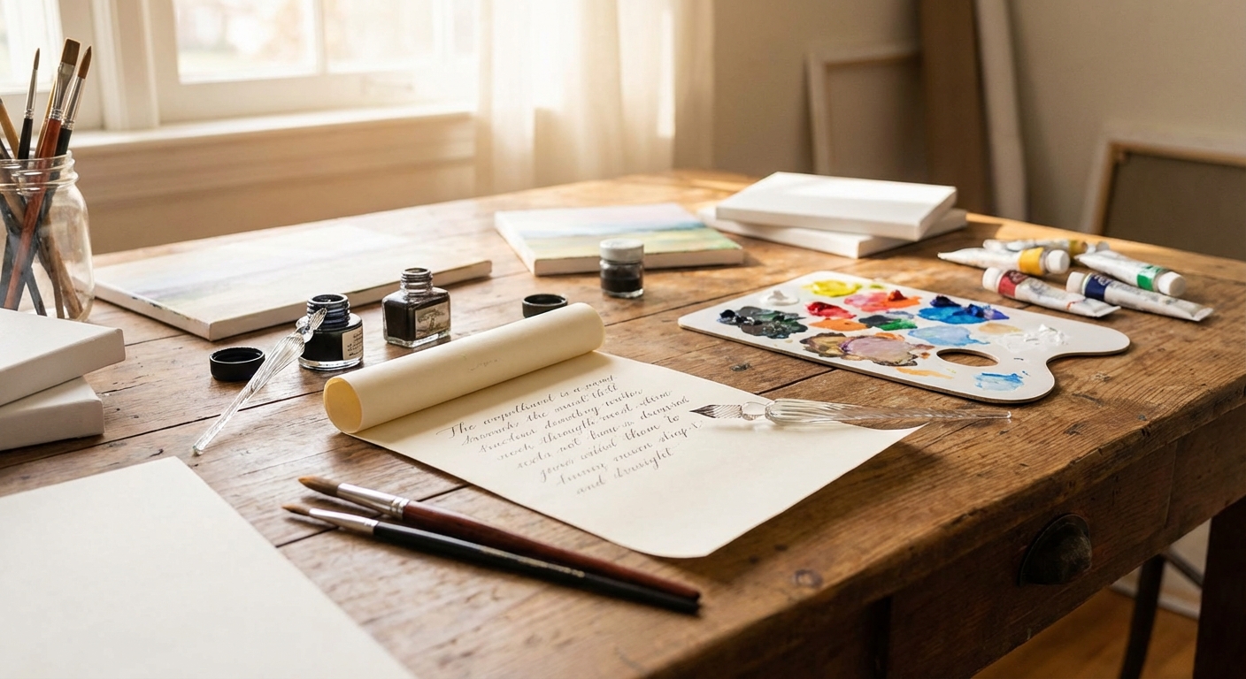 캘리그라피 작업과 아크릴 페인팅 도구들