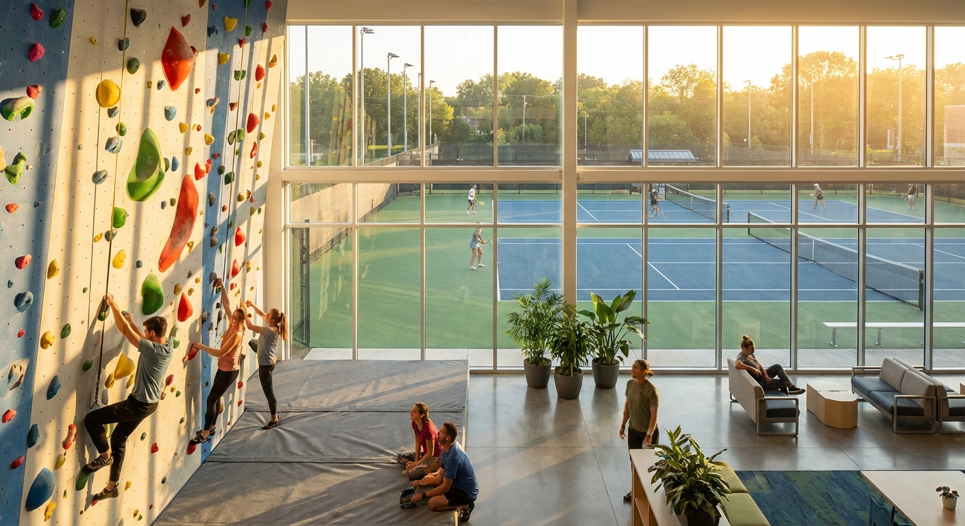 클라이밍장과 테니스 코트 풍경