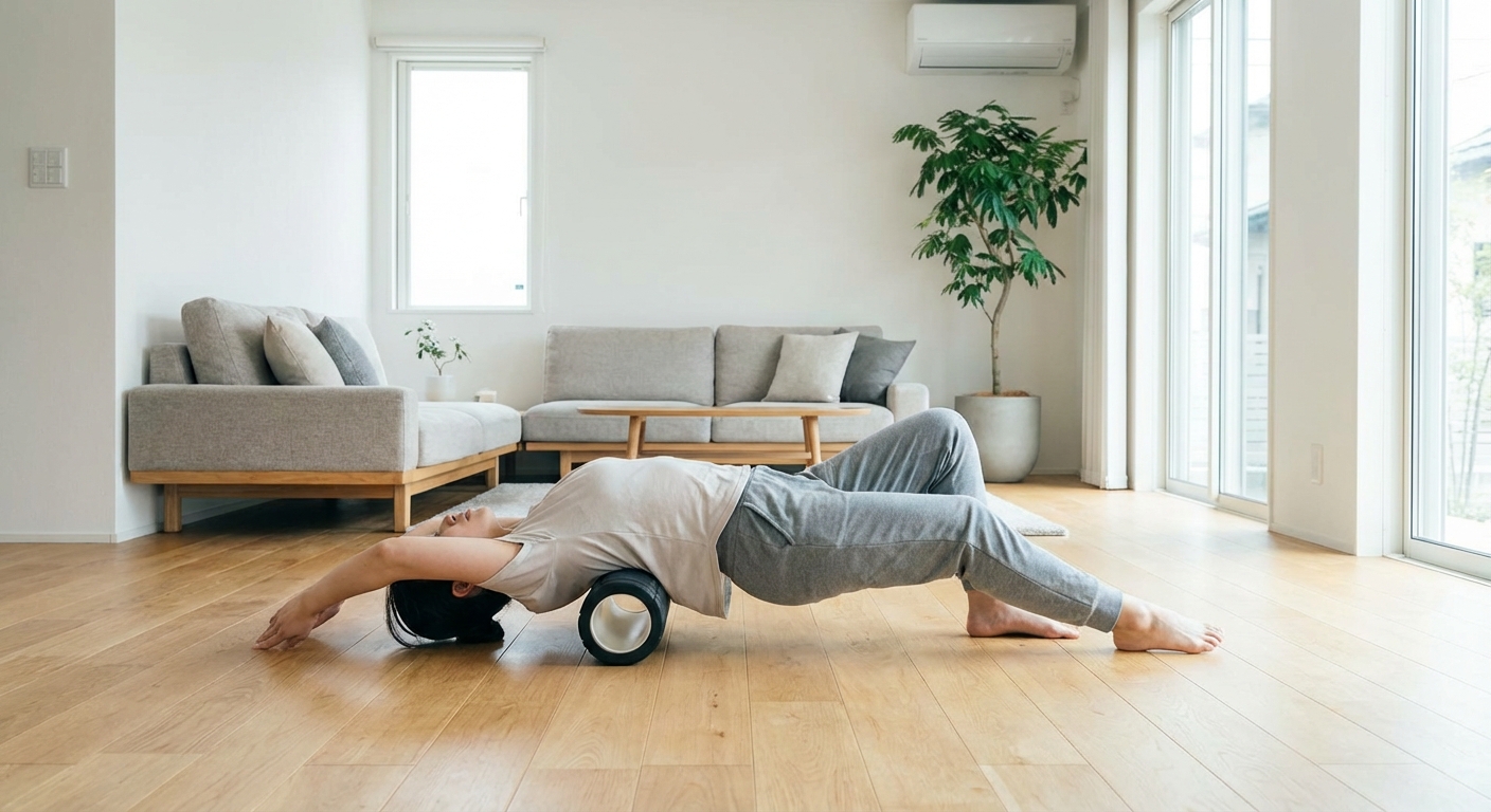 거실 바닥에서 폼롤러로 스트레칭하는 모습