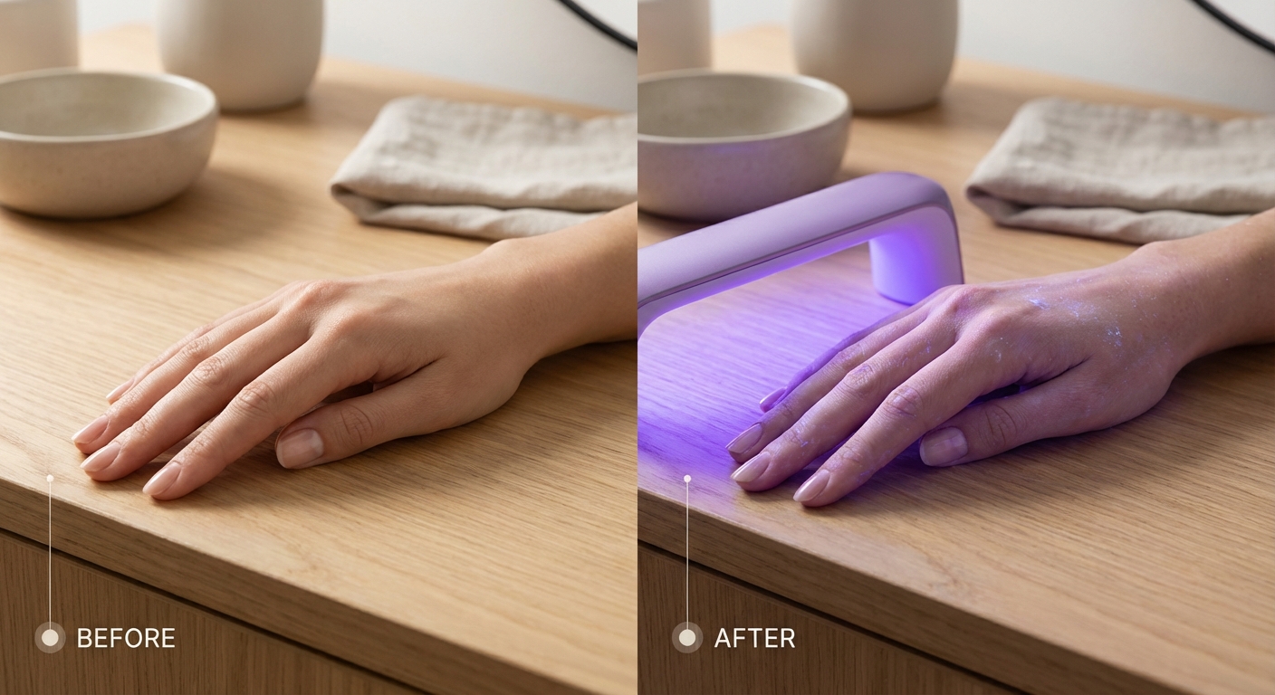 UV 램프 조사 전후 손등 피부 변화 비교 이미지