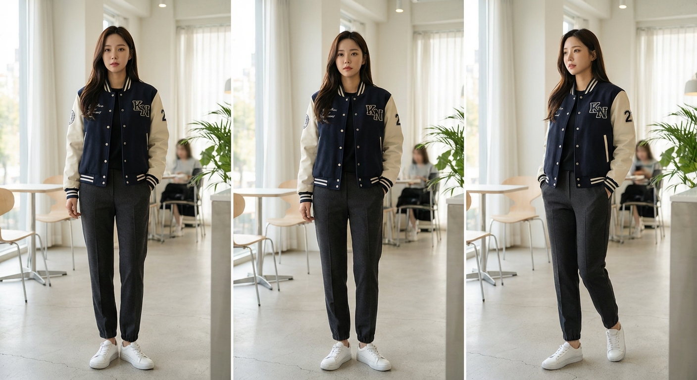 과잠과 조거 팬츠 코디 전신샷