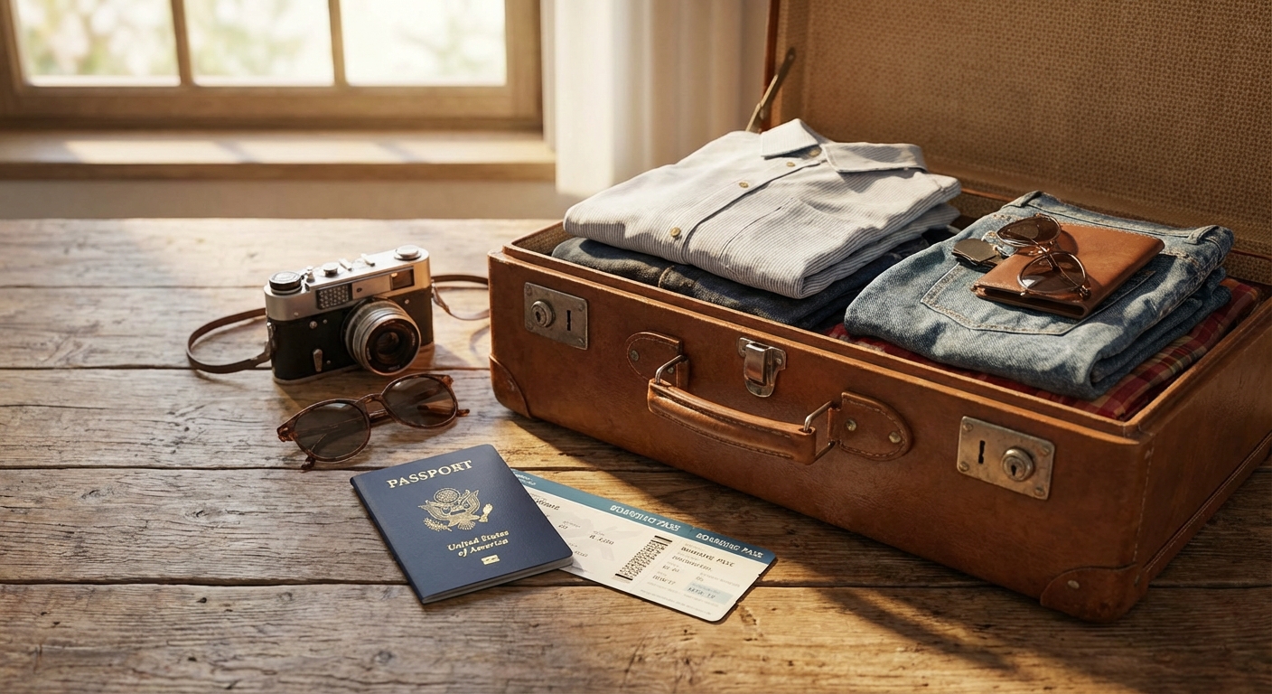 여행 가방과 여권, 항공권이 놓인 모습