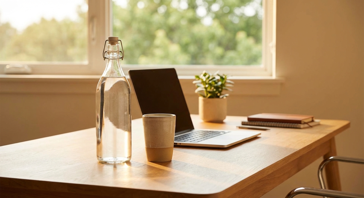 책상 위 물병과 텀블러가 놓인 사무실 풍경