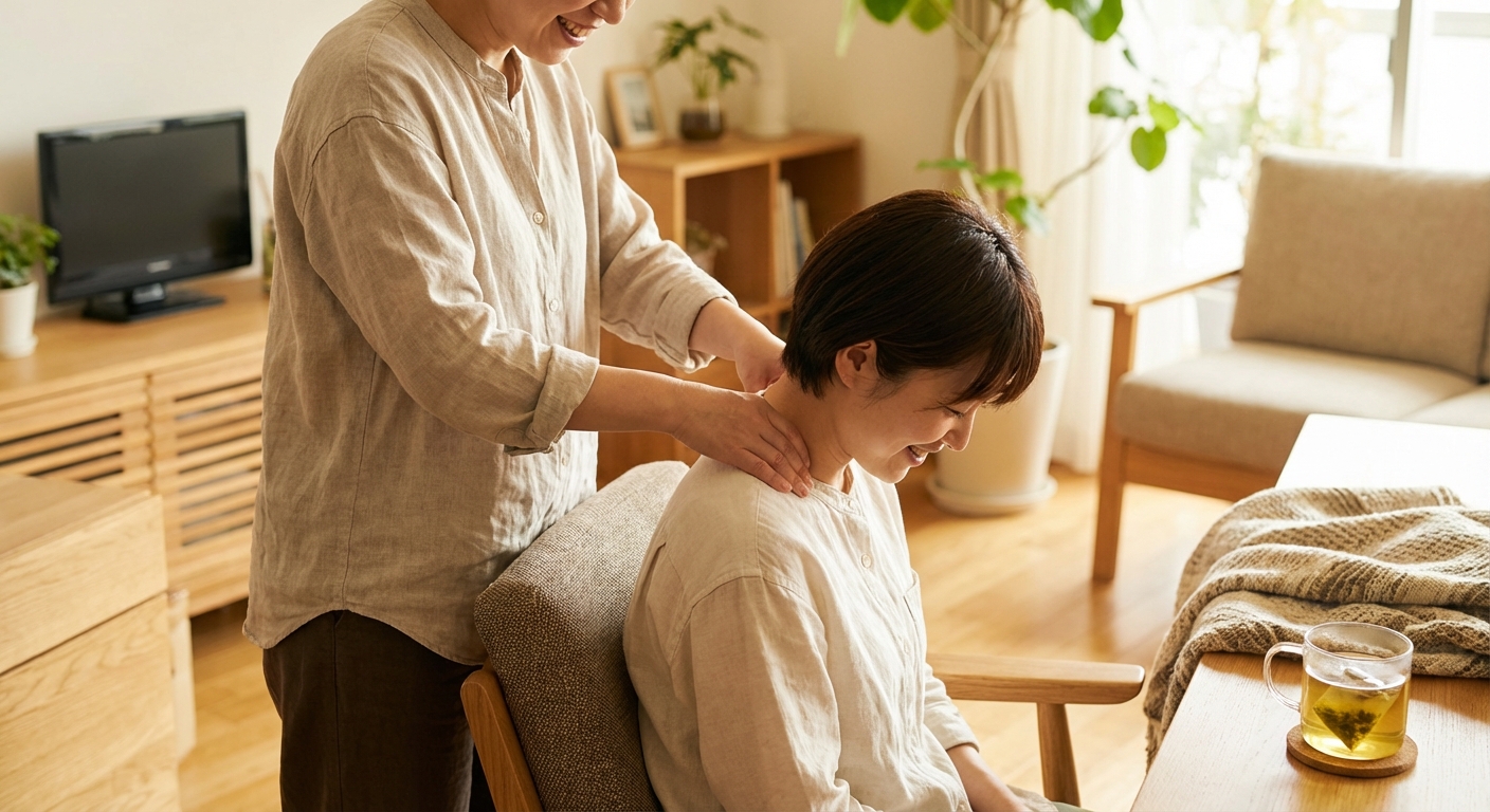 목과 어깨 혈자리 마사지 장면