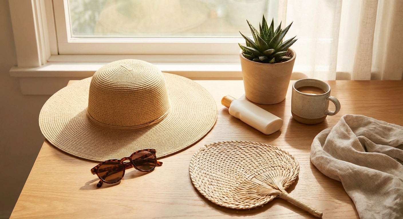 자외선 차단 아이템들이 놓인 일상 풍경
