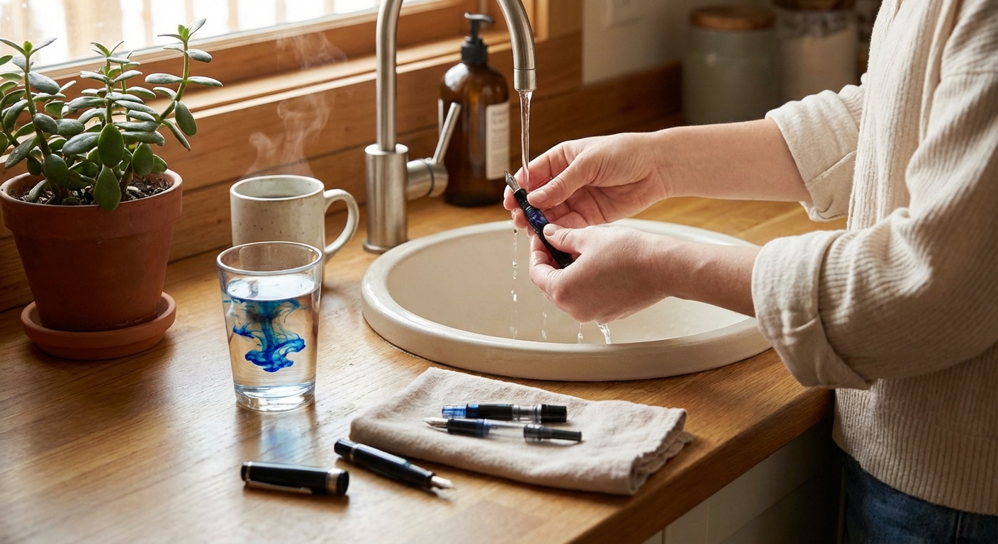 만년필 세척 장면