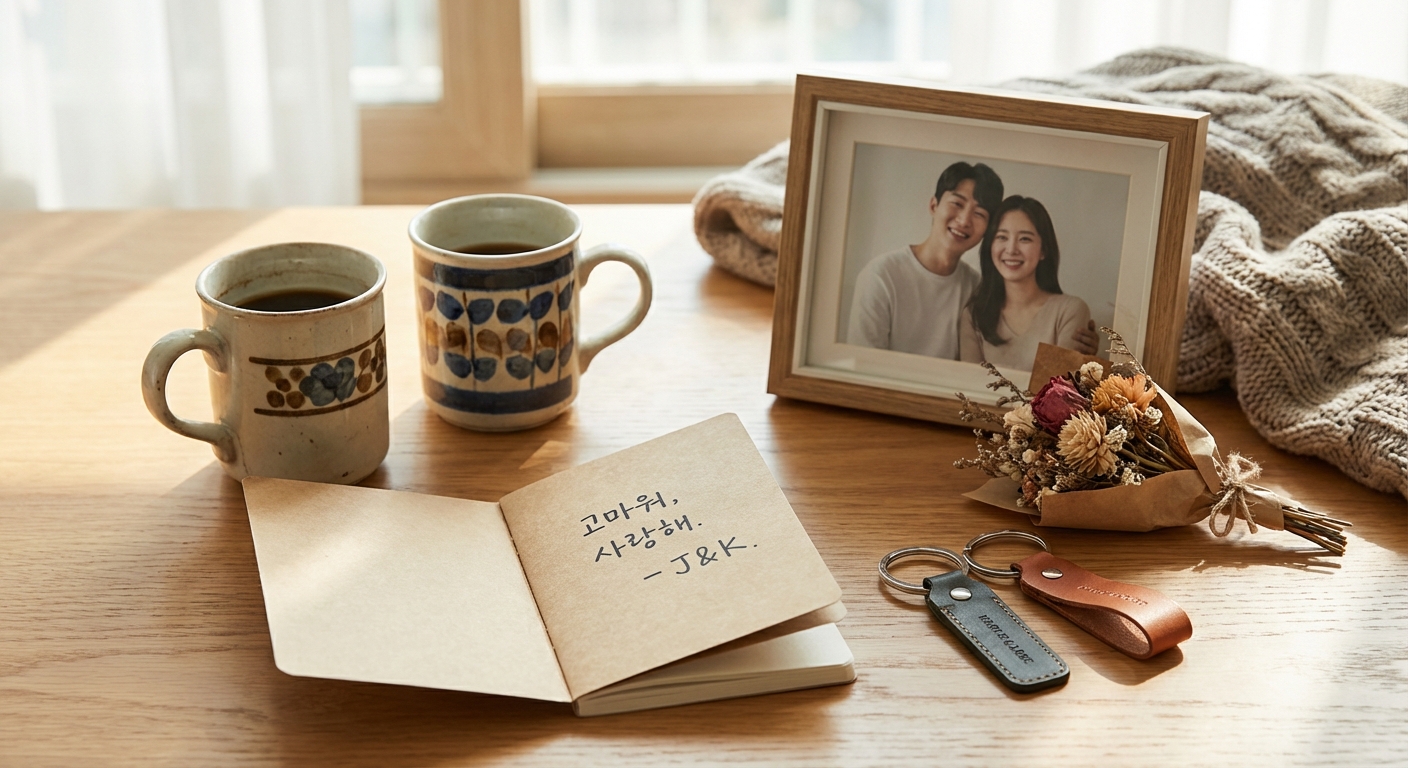 손으로 쓴 감사 메시지와 함께 있는 커플 소품