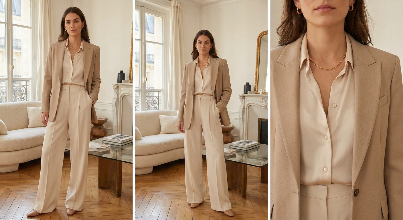 18K 골드 체인 목걸이와 후프 귀걸이 착용 전신샷