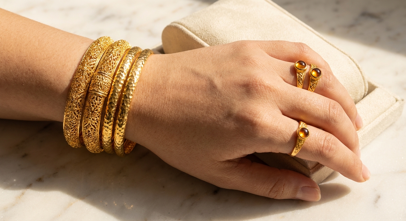 24K 금 팔찌와 반지 디테일 클로즈업