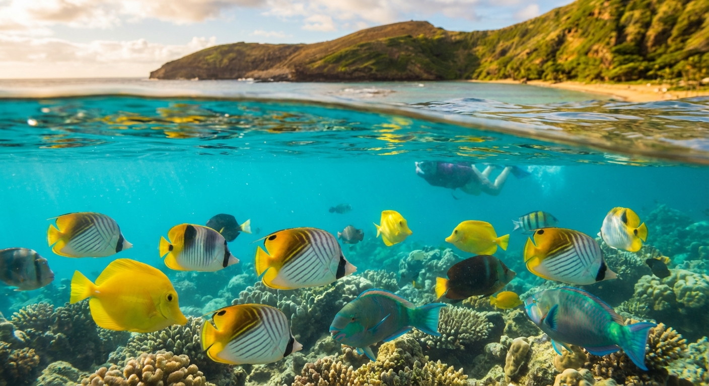하나우마 베이의 맑은 물속 열대어 떼