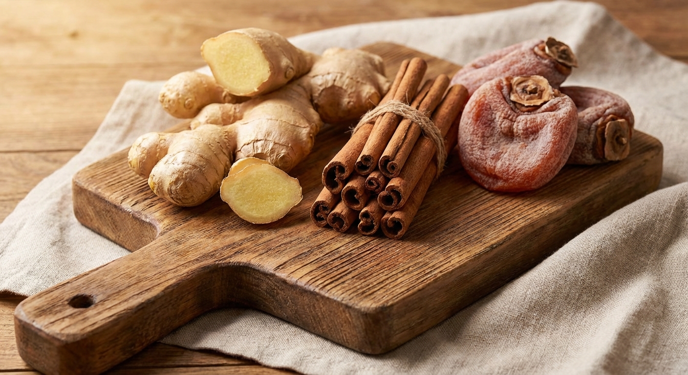 생강, 계피 스틱, 곶감이 나란히 놓인 모습