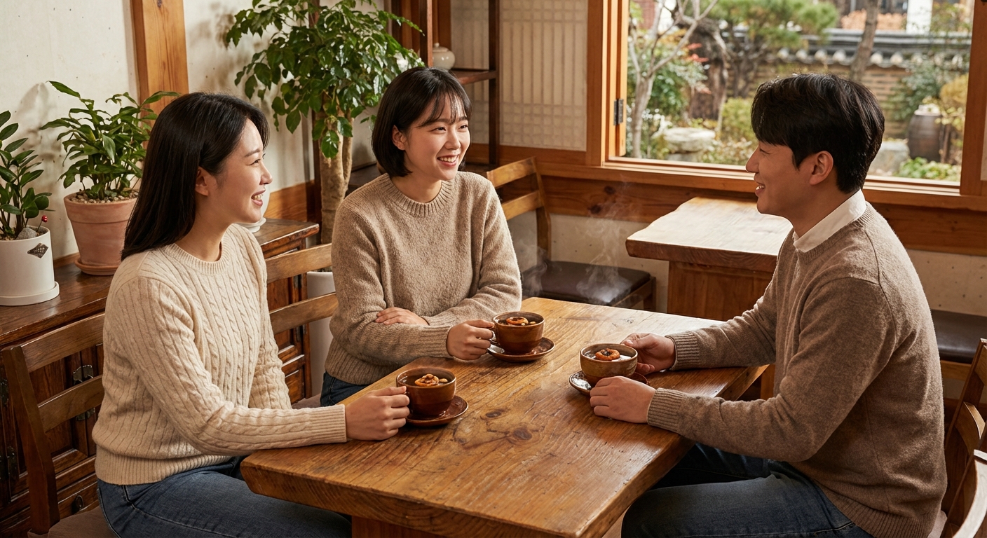 수정과를 마시며 담소를 나누는 모습