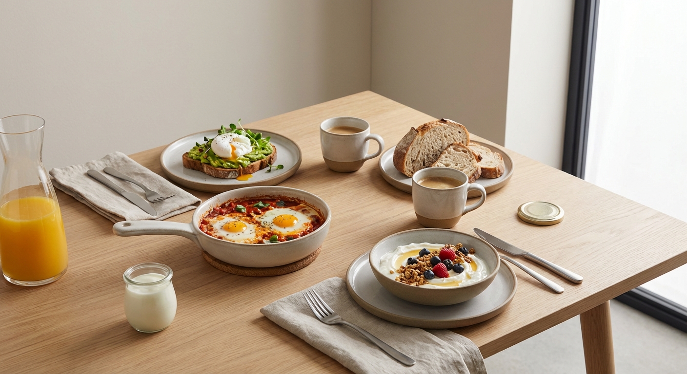 계란 요리와 그릭 요거트가 담긴 아침 식탁