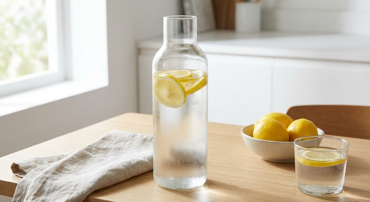 레몬 조각이 띄워진 투명한 물병