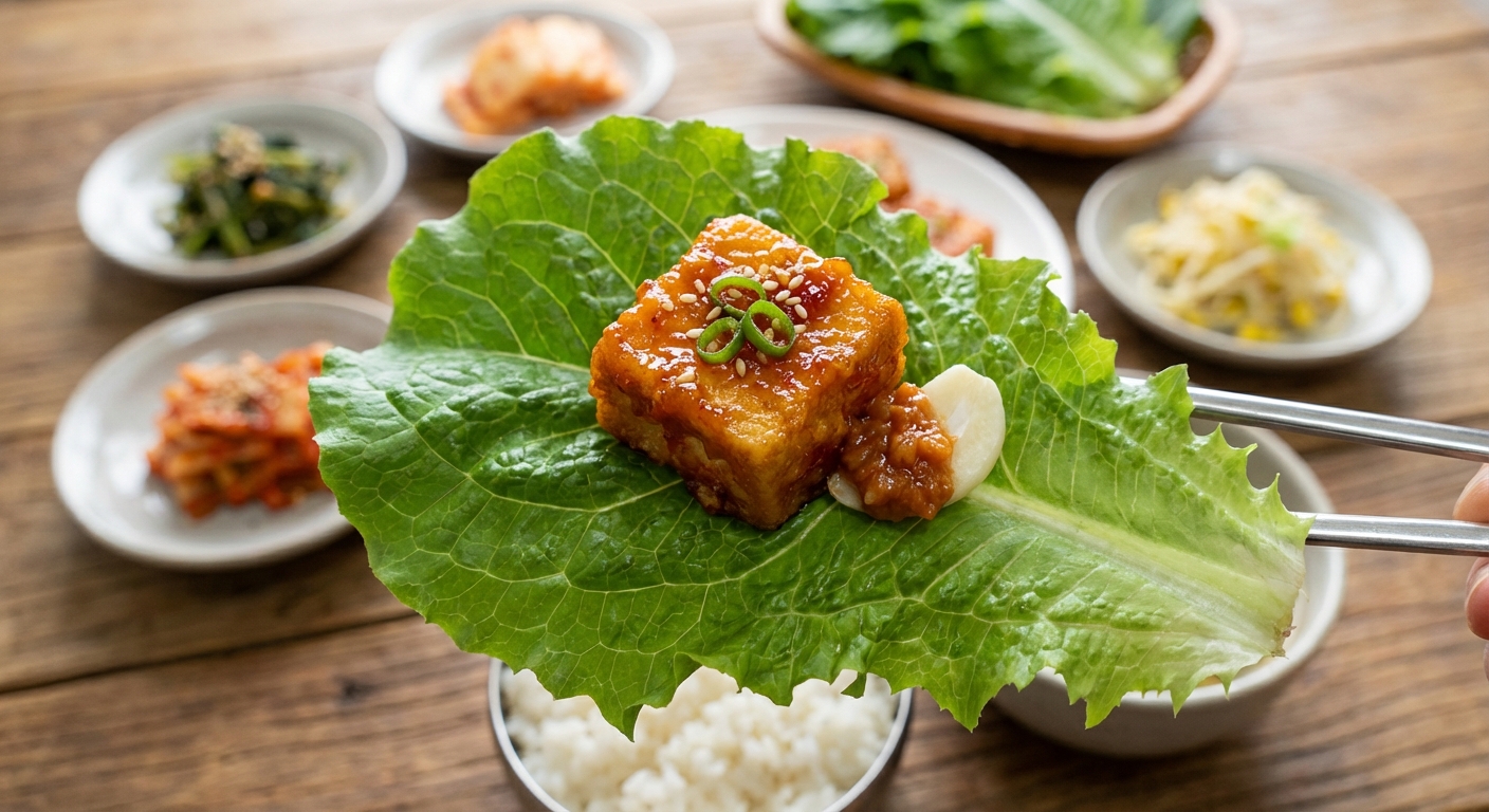 상추쌈에 두부강정을 올린 모습