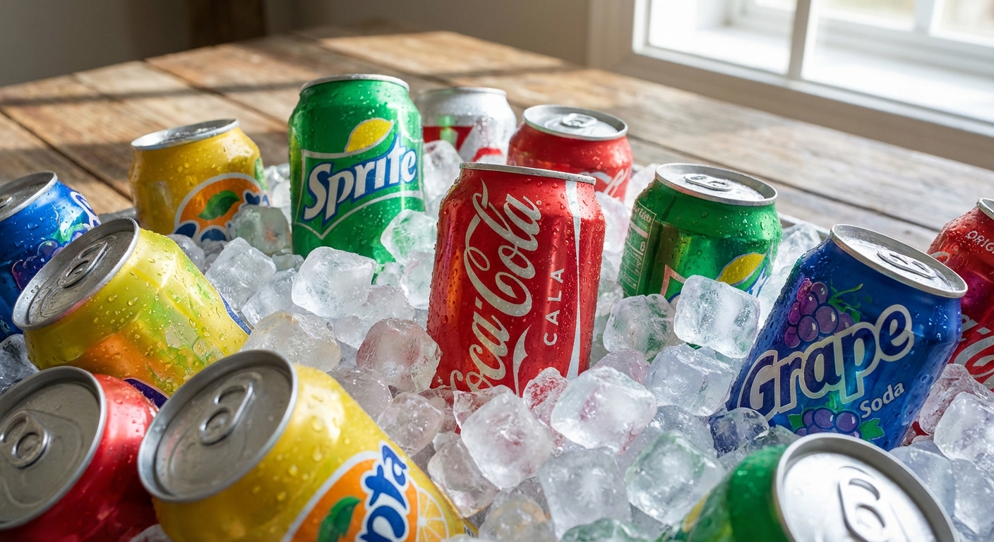 다양한 탄산음료 캔들이 얼음 위에 놓인 모습