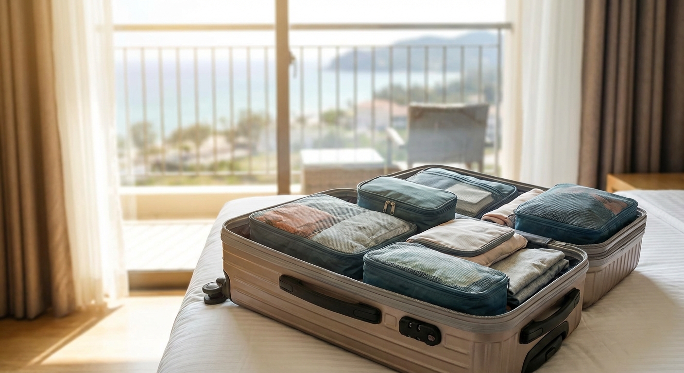 정돈된 PC재질 캐리어 내부와 파우치 수납 모습