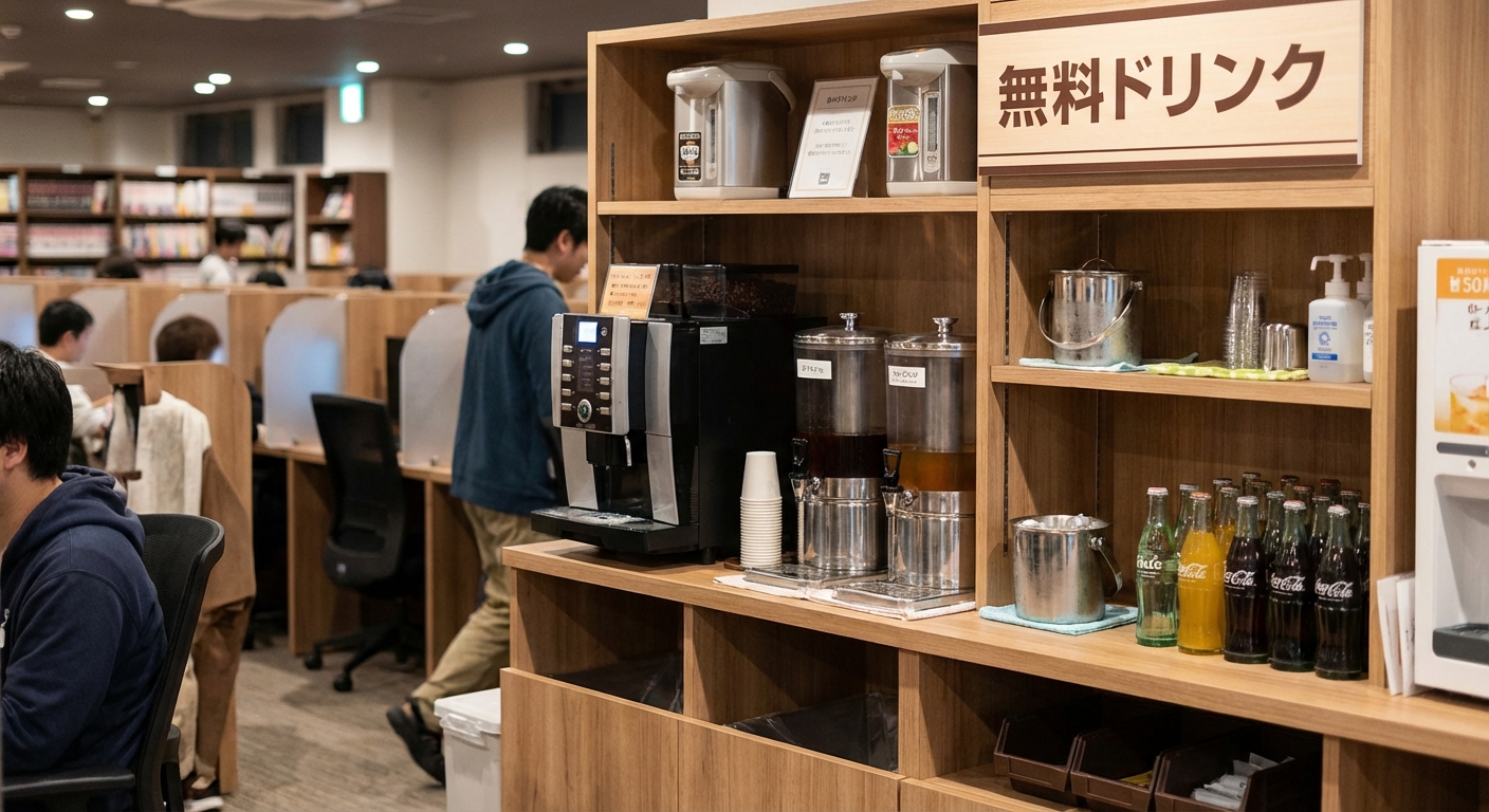 일본 인터넷 카페 내부의 무료 음료 코너