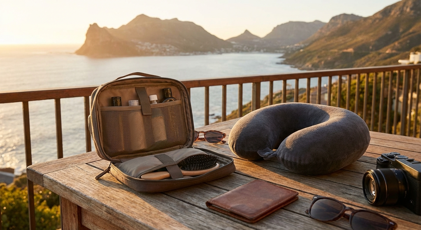 여행용 세면도구 파우치와 목베개