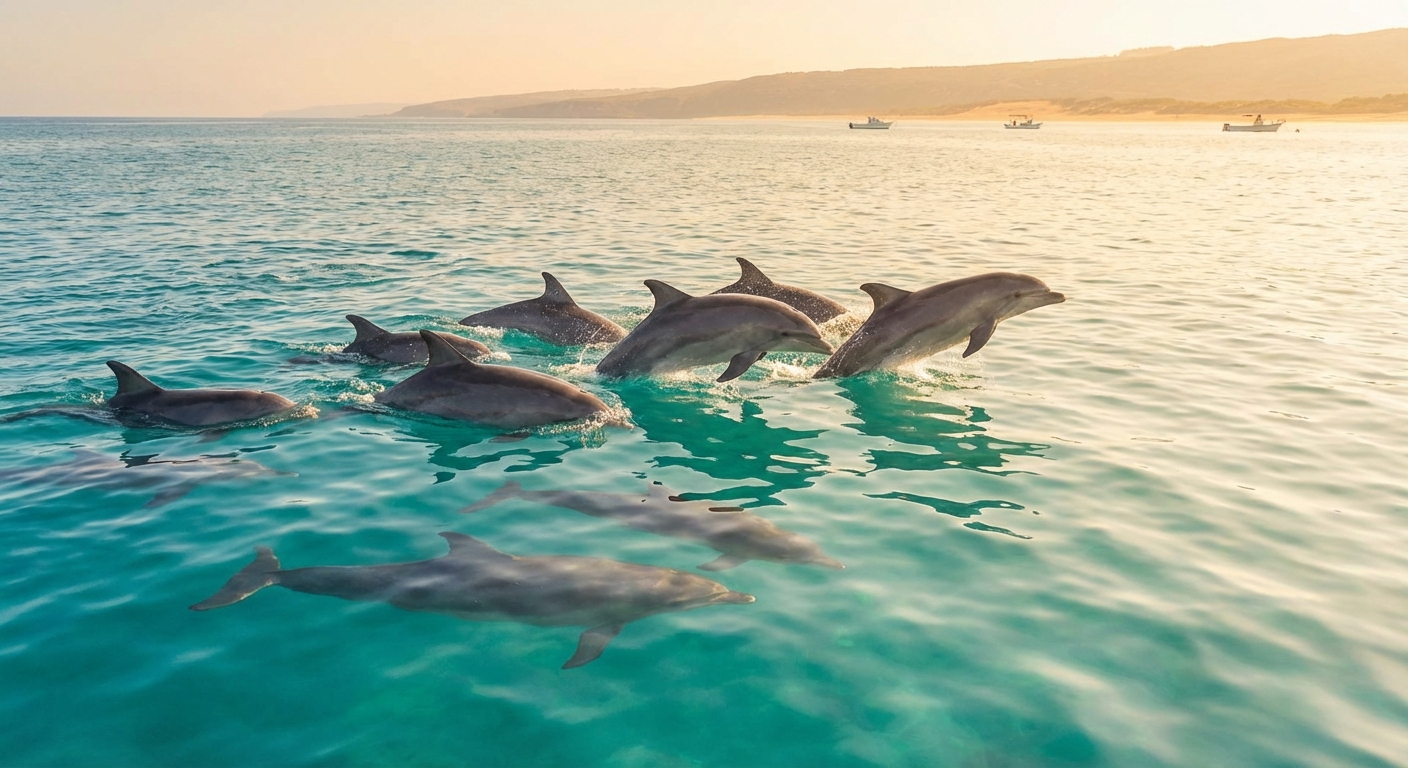 돌고래가 무리 지어 수영하는 모습