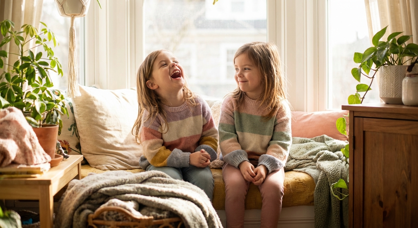 쌍둥이가 서로 다른 표정으로 웃고 있는 자연스러운 사진