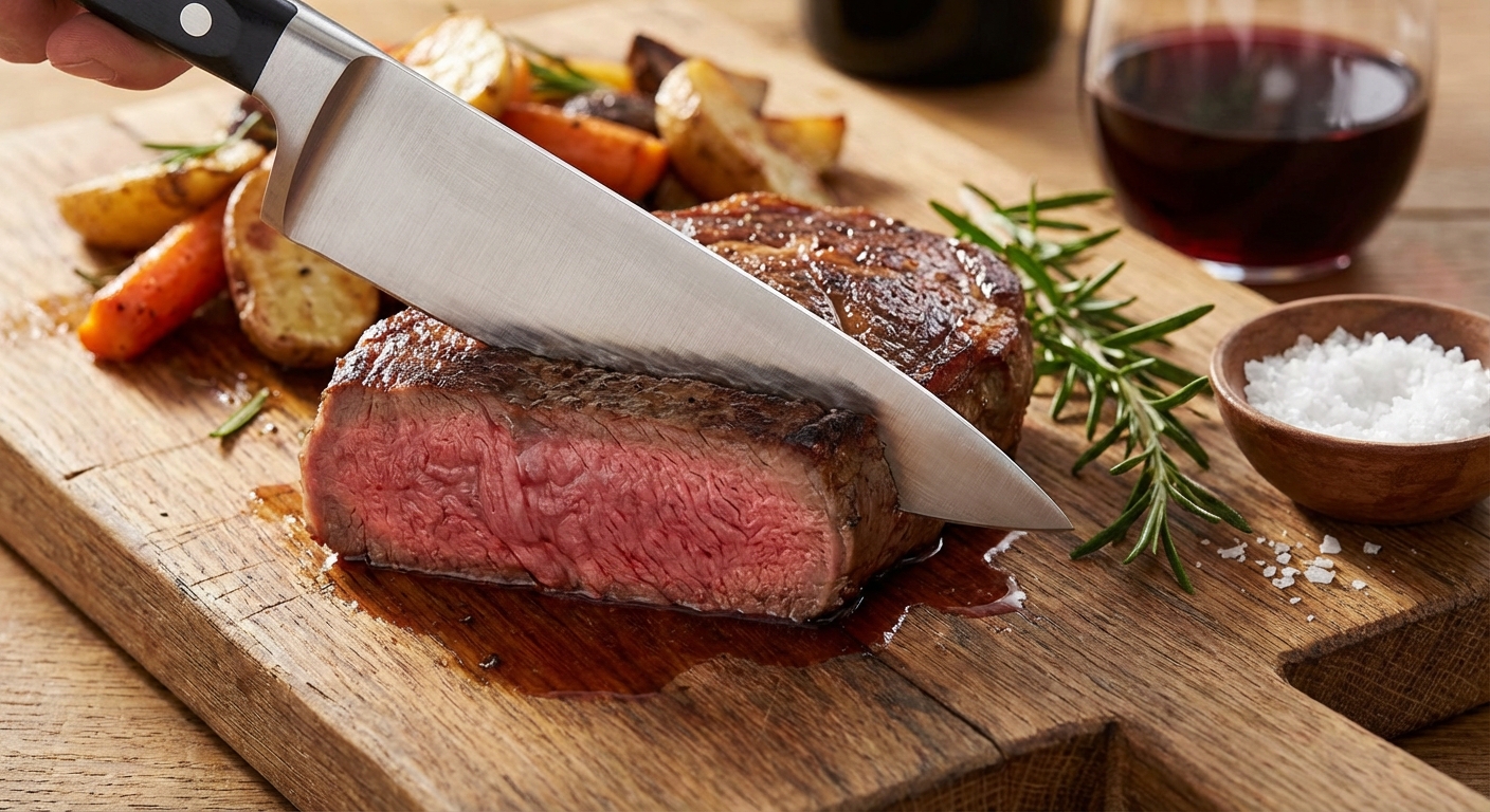 미디엄 레어로 구운 스테이크를 칼로 자르는 장면