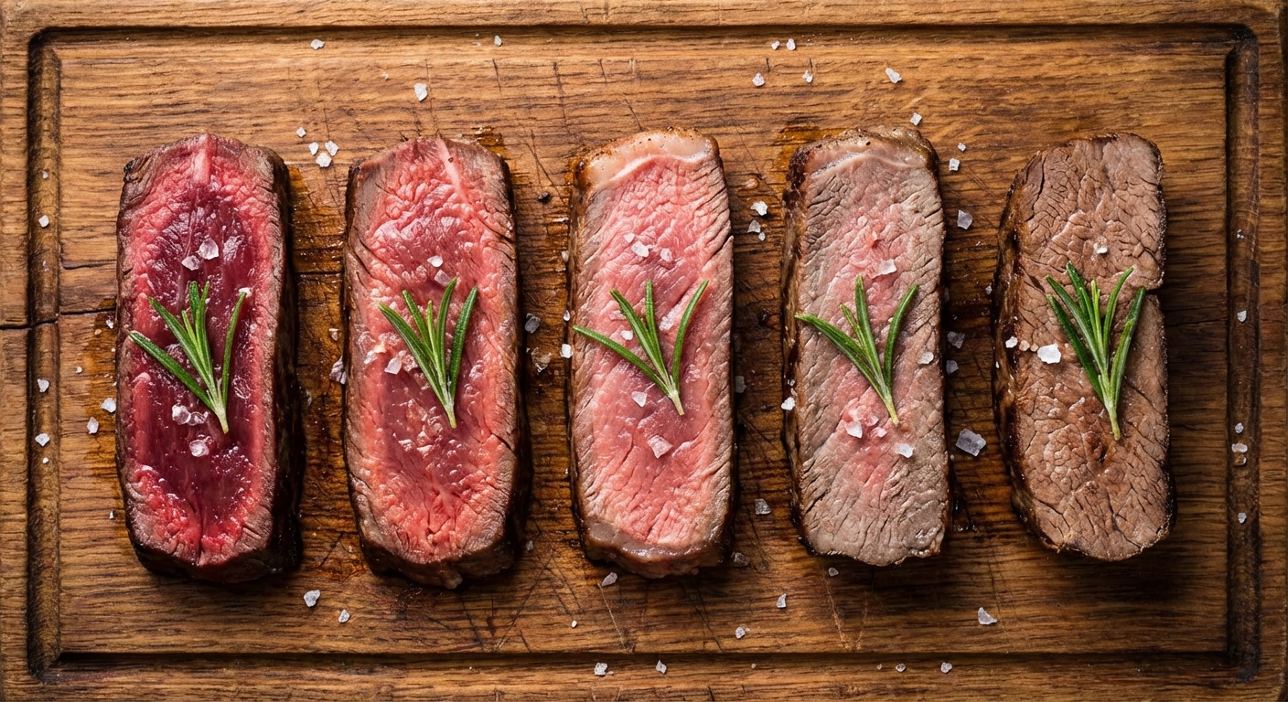 굽기 정도별 스테이크 단면 비교 사진