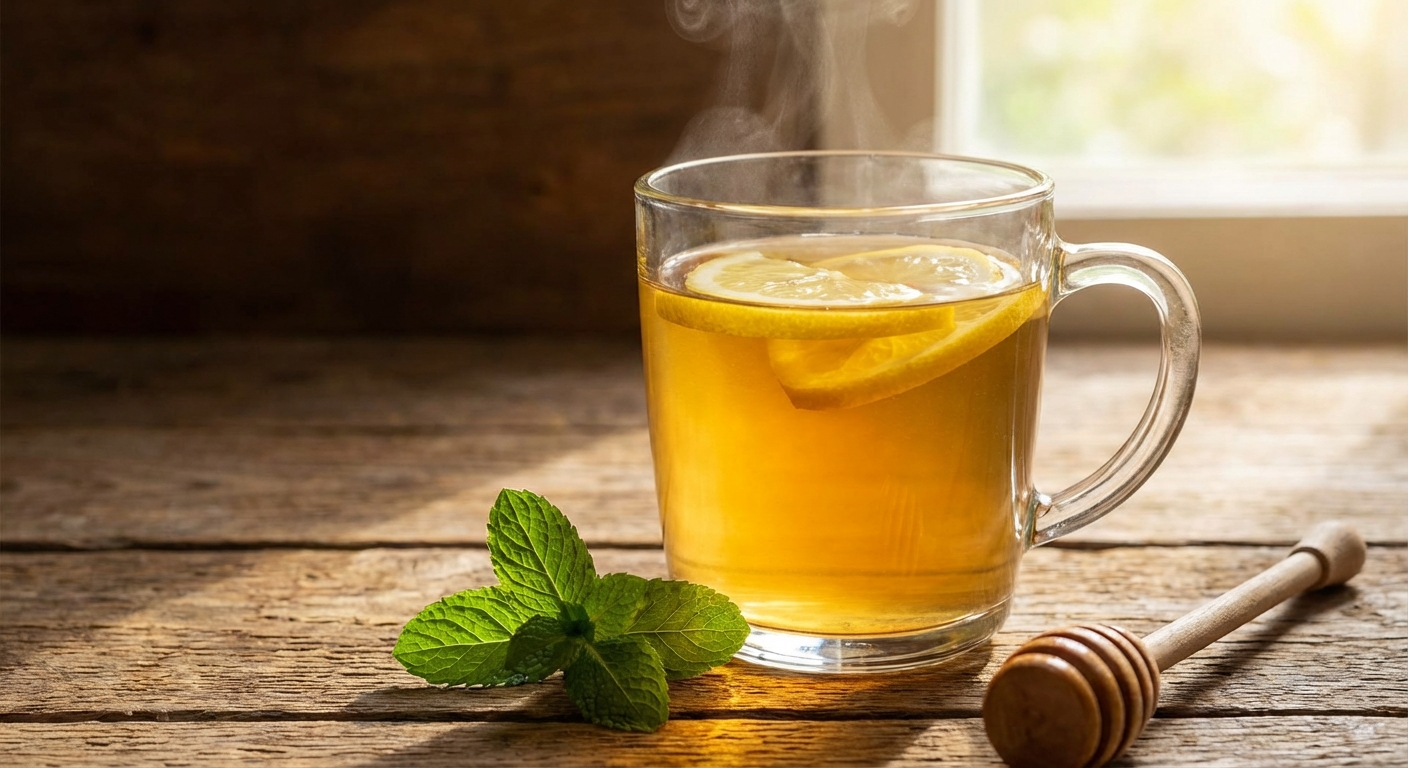 투명한 머그컵에 담긴 꿀물과 레몬 슬라이스