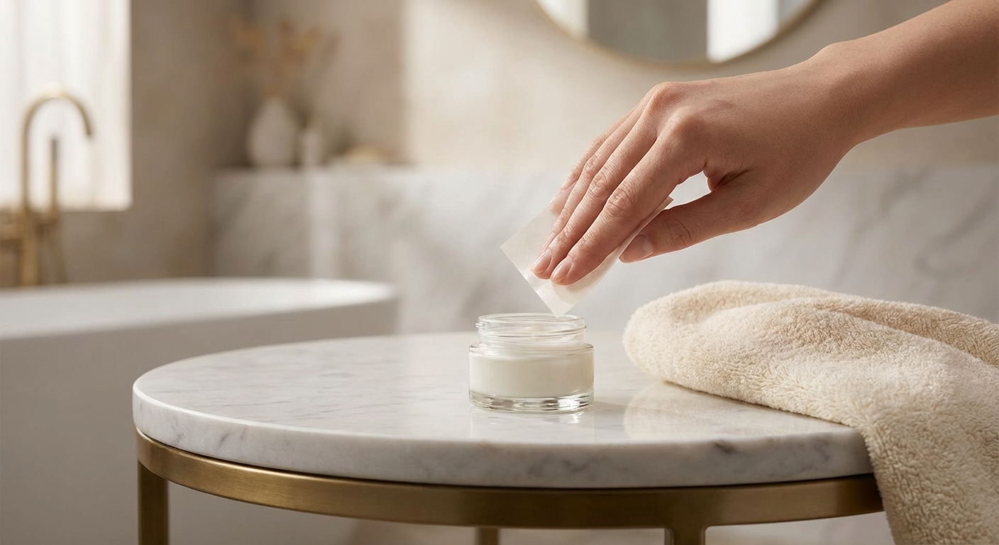 기름종이와 함께 보습 제품을 사용하는 장면