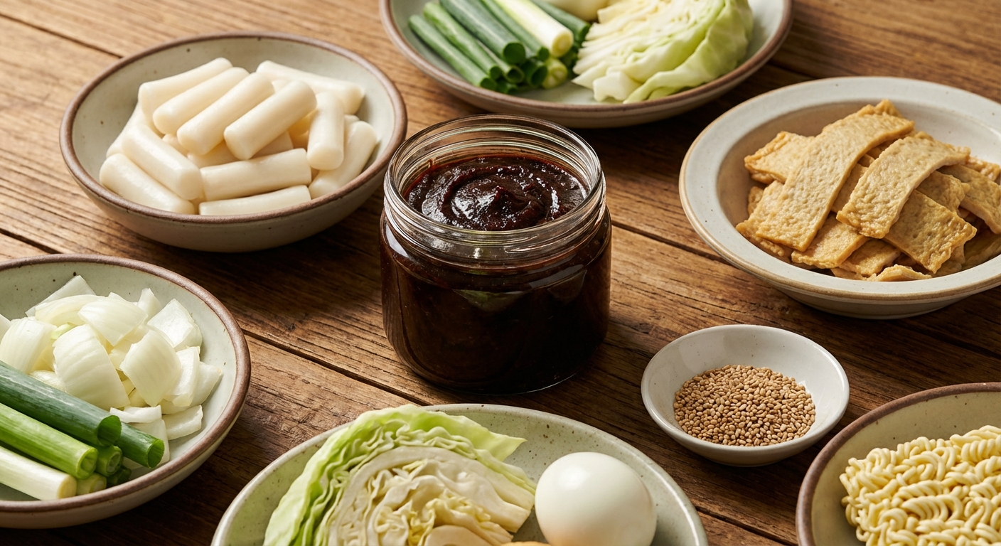 짜장 떡볶이 재료들이 정돈된 모습