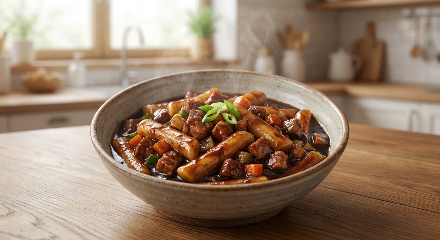 짜장 소스가 떡에 골고루 입혀진 모습