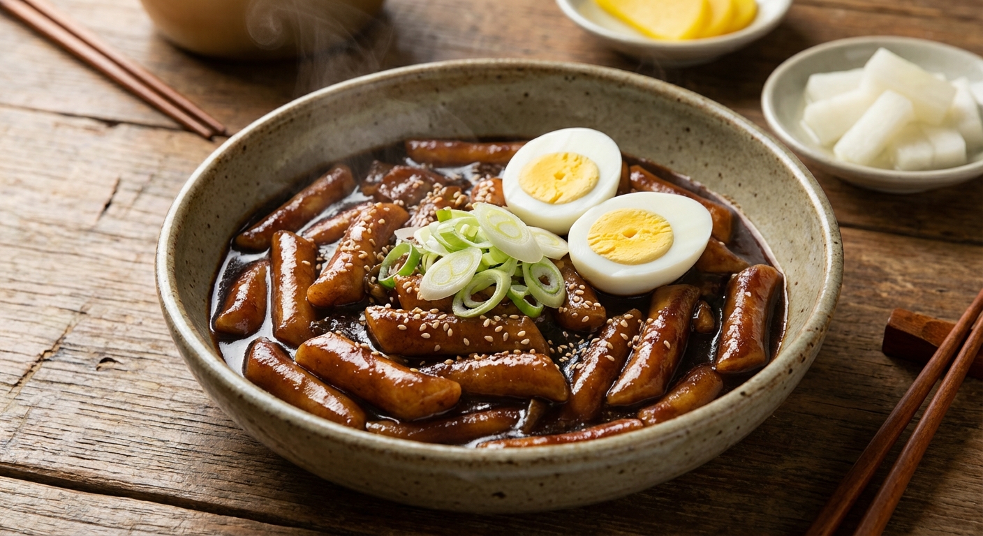 완성된 짜장 떡볶이를 그릇에 담은 모습