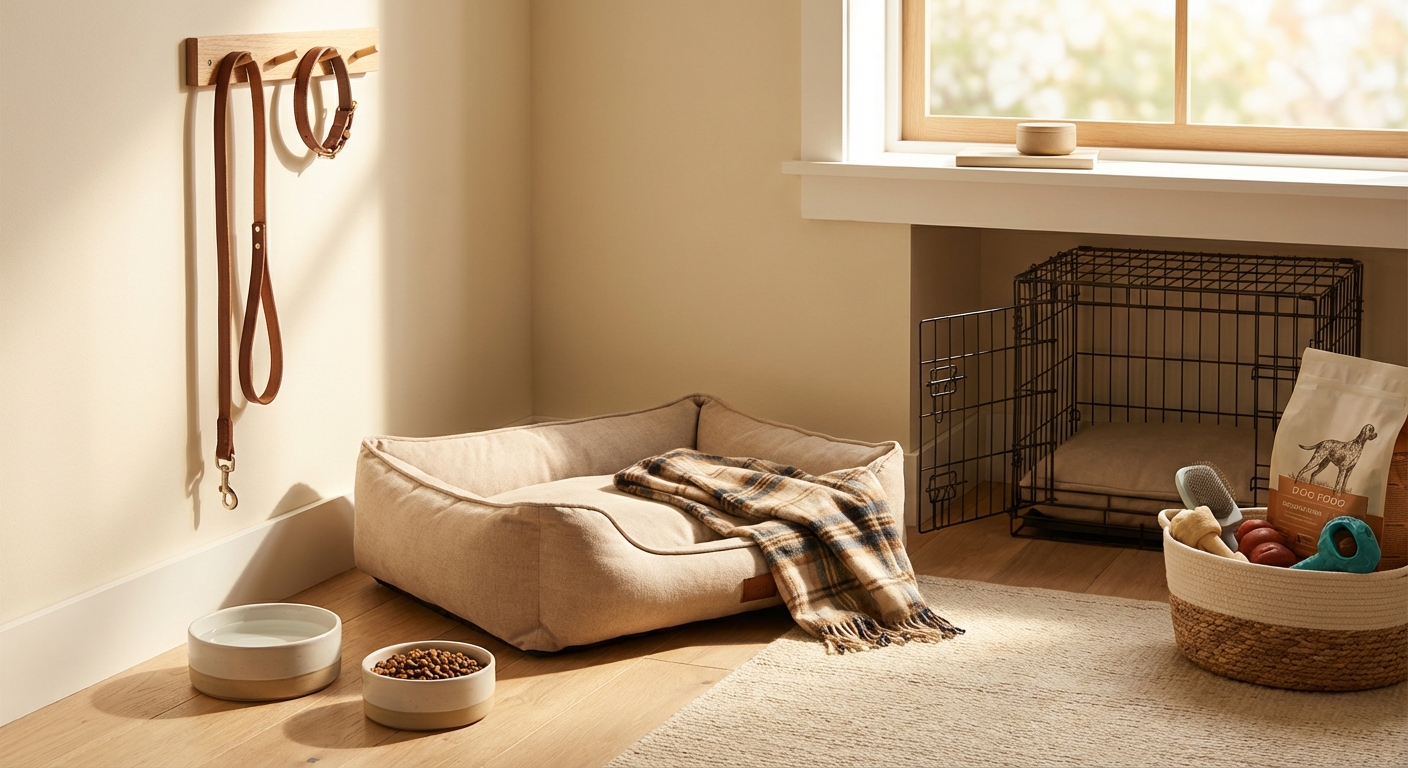 강아지 입양 후 필요한 기본 용품들이 놓인 공간