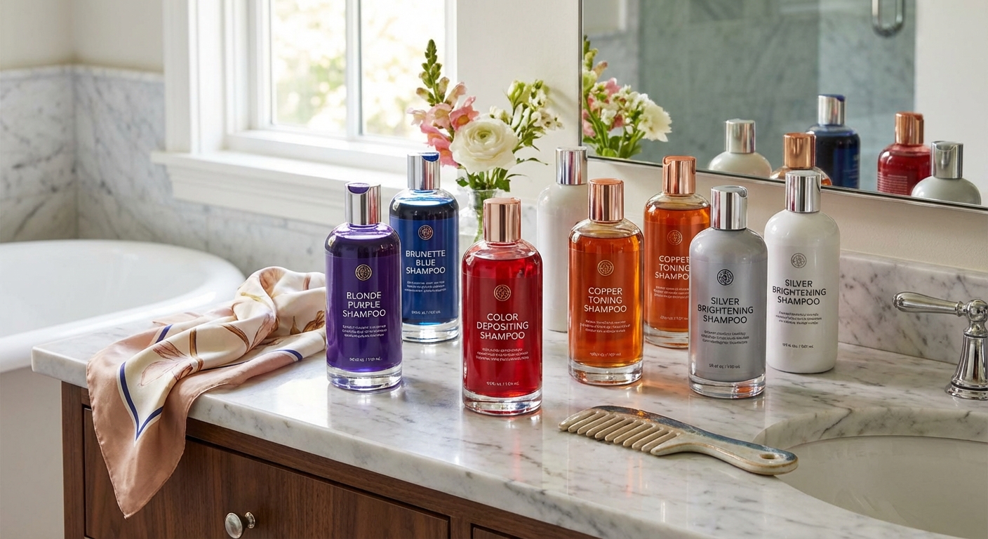 다양한 컬러 전용 샴푸 제품들이 나란히 놓인 모습