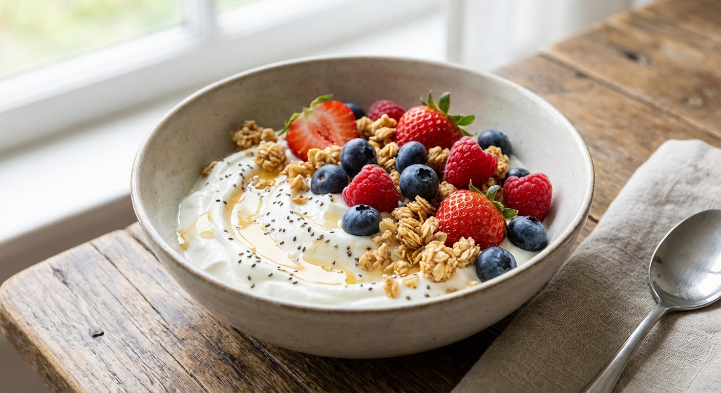 그릭요거트 위에 베리류와 그래놀라가 올려진 볼