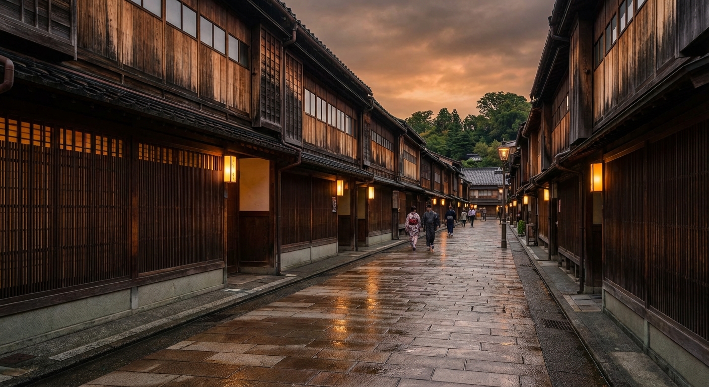 히가시차야 거리의 전통 목조건물과 돌길