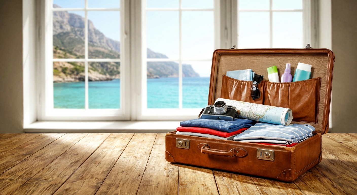 여행 가방과 소지품 정리 장면