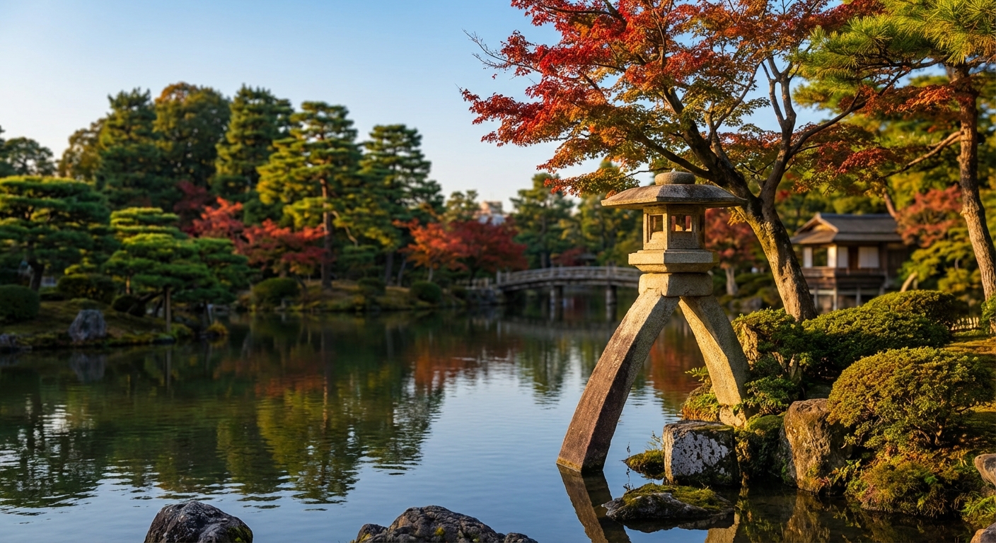 겐로쿠엔의 고토지 석등과 연못 풍경