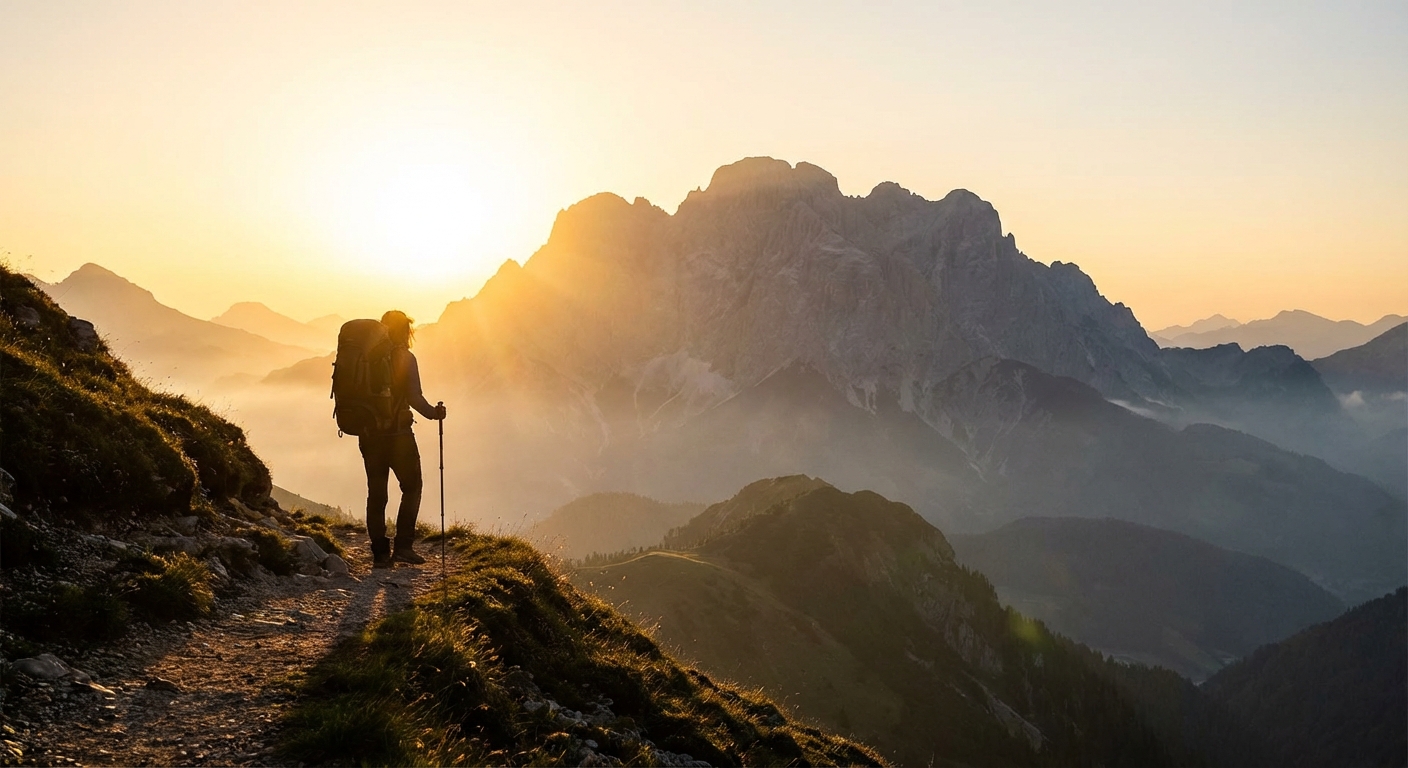 산길을 걷는 트레커의 실루엣과 배경의 산맥