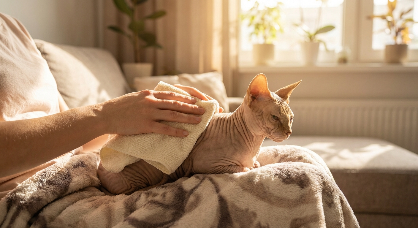 스핑크스 고양이를 부드러운 천으로 닦아주는 장면