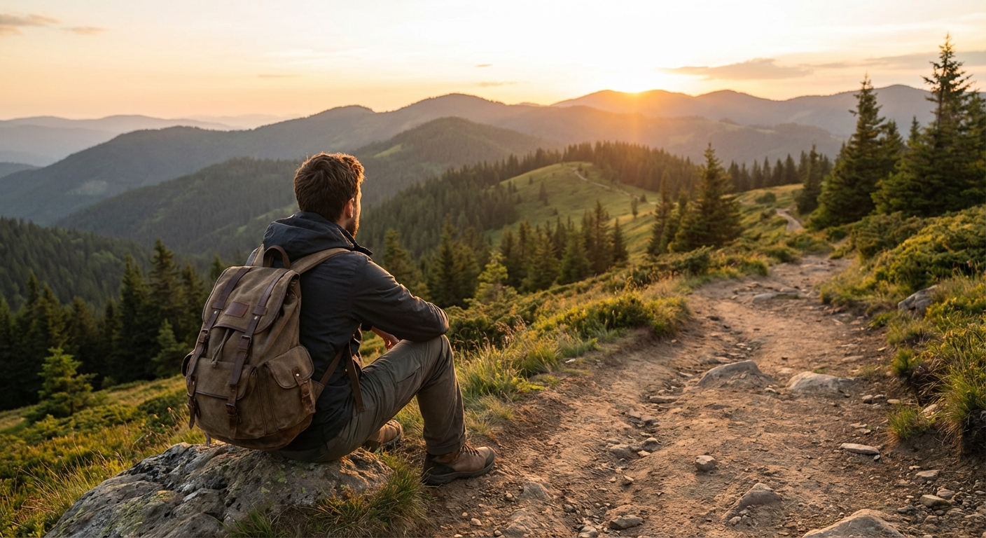 트레일에서 배낭을 벗고 쉬고 있는 여행자