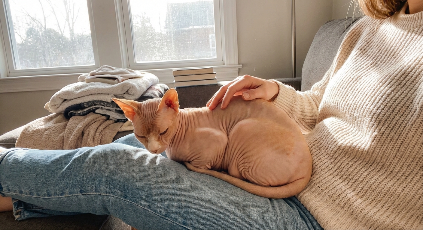 스핑크스 고양이가 사람 무릎에 앉아있는 따뜻한 장면