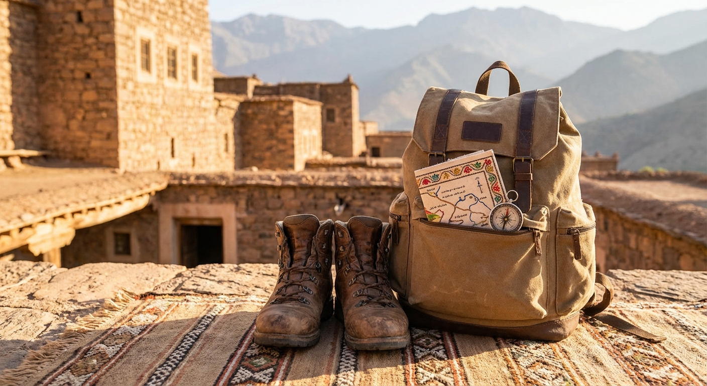 트레킹화와 배낭을 든 여행 준비물