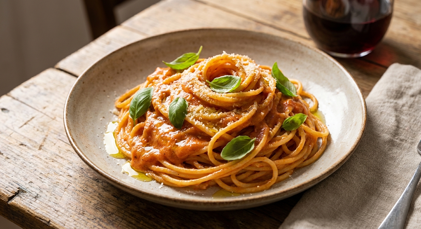 파스타와 소스가 유화된 윤기 나는 접시