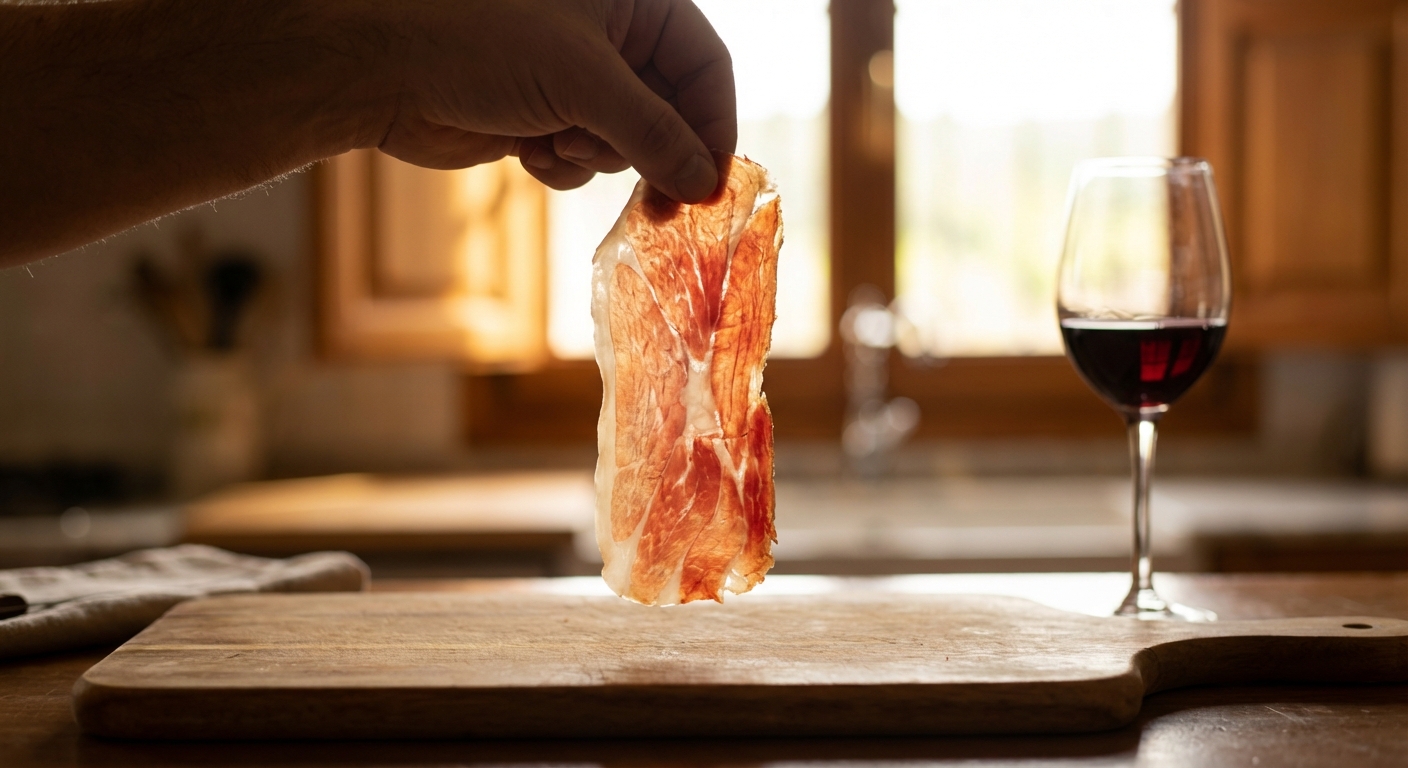 하몽을 얇게 썰어 빛에 비춰보는 장면