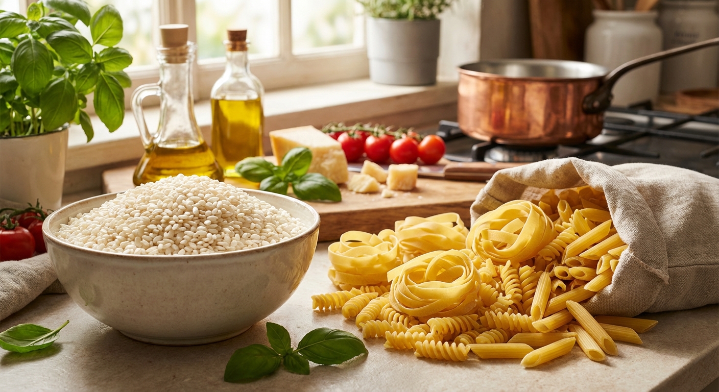 아르보리오 쌀과 파스타면이 담긴 주방 풍경