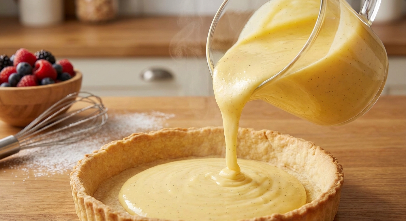 완성된 커스터드 필링을 붓는 장면