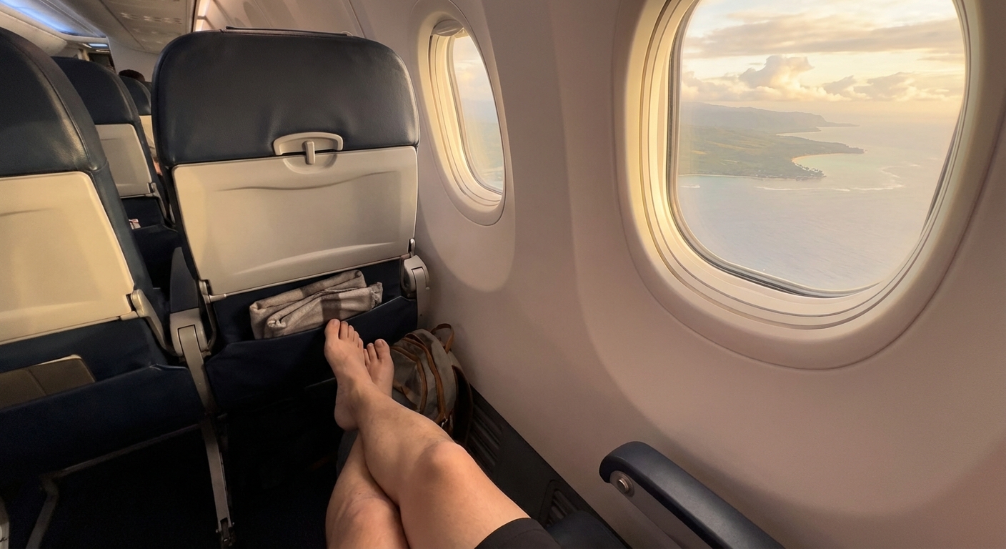비상구 좌석에서 내려다본 넓은 발 공간