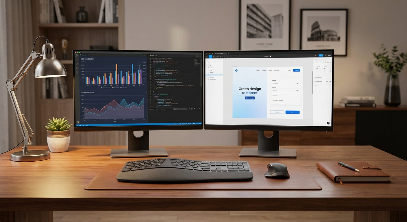 전문가 책상 위 모니터 세팅 예시