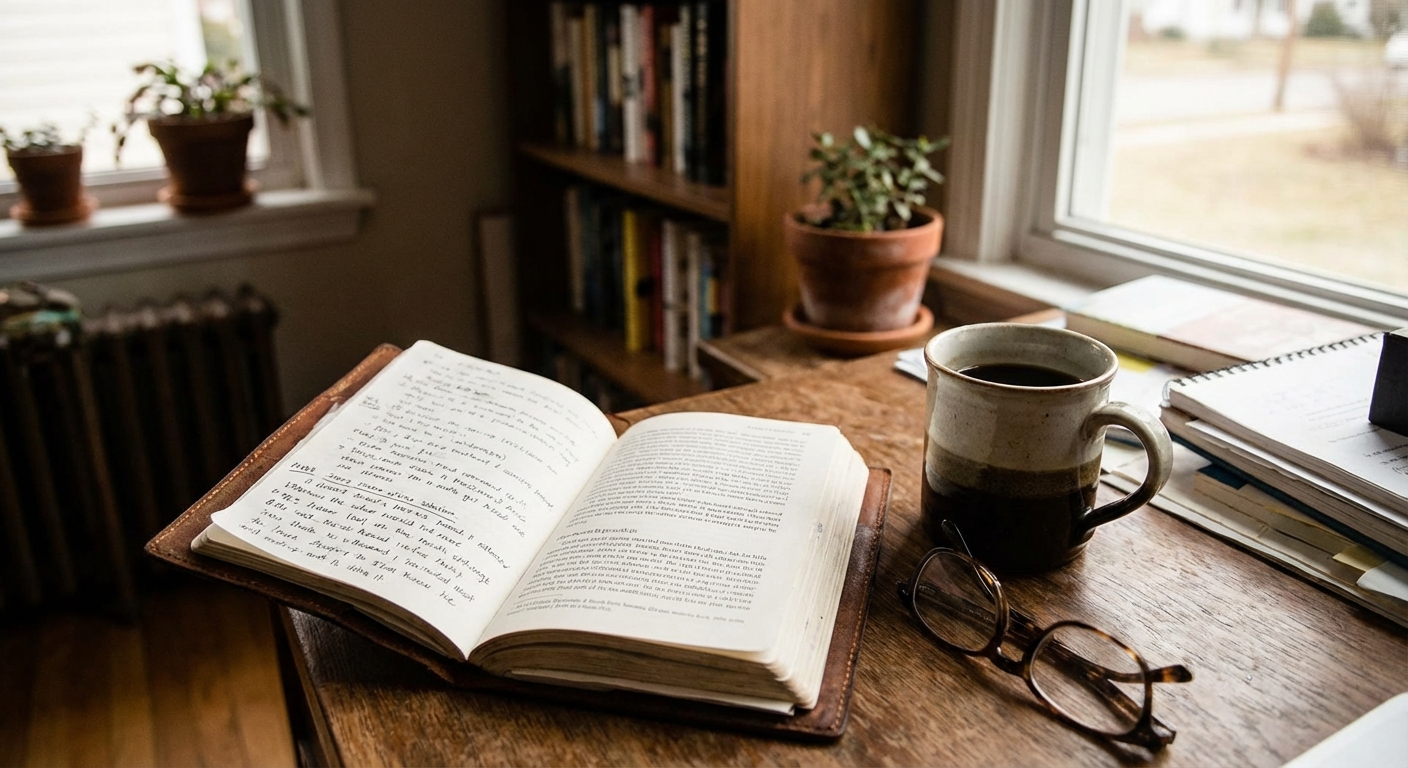 책상 위의 성경공부 노트와 커피